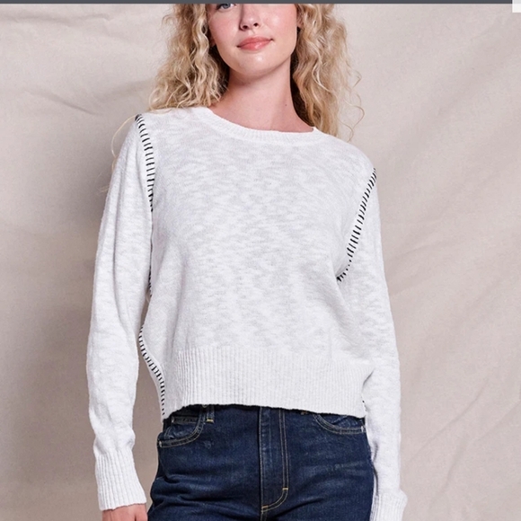 Sundry By "Anthropologie" Soft Sweater in Heather Gray & Yellow Baseball Stitch - Picture 7 of 9